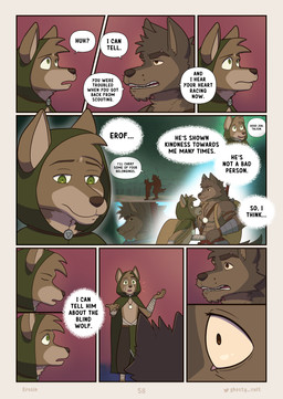 7_panel_comic anthro arm_wraps brown_body brown_fur cloak close-up clothing dialogue duo ears_through_headwear eyebrow_piercing eyes_closed facial_piercing flashback fur furgonomic_headwear furgonomics green_cloak green_clothing green_eyes jewelry leather leather_strap male melee_weapon muscular necklace page_number pecs pendant piercing shocked speech_bubble straps sword sword_on_back text weapon wide_eyed worried wraps ghosty_cult far_beyond_the_world_(series) erof_(far_beyond_the_world) talisin_(far_beyond_the_world) canid canine canis mammal wolf comic english_text hi_res multiple_scenes url