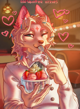 5_fingers ambiguous_gender anthro cafe cloth clothed clothing collar container cup cutlery dessert eating femboy fingers food fruit fur furniture glass glass_container glass_cup hair half-closed_eyes heart_symbol holding_food holding_object horn ice_cream kitchen_utensils looking_at_viewer male multicolored_hair narrowed_eyes pink_body pink_fur pink_hair plant smile solo spoon spoon_in_mouth sprinkles strawberry strawberry_ears sundae sweets text tools topwear white_clothing old_squatter canid canine canis domestic_dog mammal 2025 artist_name colored digital_drawing_(artwork) digital_media_(artwork) english_text half-length_portrait hi_res portrait shaded signature