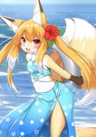 2_tails anthro beach blush breasts clothed clothing cute_fangs dipstick_ears dipstick_tail ear_markings female female_anthro fur gloves_(marking) hair inflatable inner_ear_fluff inner_tube kemono long_hair long_pigtails looking_at_viewer markings multi_tail multicolored_ears navel open_mouth pigtails sea small_breasts solo tail tail_markings tongue tuft twintails_(hairstyle) water horokusa0519 nio_(horokusa) canid canine fox mammal 2024 digital_media_(artwork) hi_res portrait three-quarter_portrait