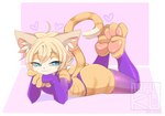 clothing legwear looking_at_viewer lying_on_ground on_ground pawpads simple_background solo thigh_highs vadimkadno sora_(tehkey) felid feline mammal