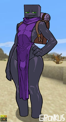 backpack bulge clothing fangs femboy green_eyes hand_on_hip male purple_body solo standing tabard teeth thick_thighs wide_hips gronkusdoesagig microsoft minecraft mojang xbox_game_studios enderman humanoid full-length_portrait portrait watermark