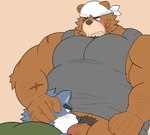 anthro belly big_belly blush brown_body clothing duo humanoid_hands kemono male male/male musclegut muscular one_eye_closed oral overweight overweight_male pubes scar sex shirt topwear nisikemo bear canid canine mammal 2022