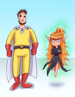 3_toes 4_fingers arms_bent bangs beard belt belt_buckle black_beard black_belt black_clothing black_dress black_facial_hair black_hair bodysuit boots buckle cape circlet closed_frown closed_smile clothed clothed_female clothed_human clothed_humanoid clothed_male clothing cosplay crossed_arms crossover_cosplay dot_eyes dress duo eyebrow_through_hair eyebrows eyelashes facial_hair feet female female_humanoid fingers fist floating footwear frown fully_clothed fully_clothed_human fully_clothed_male furrowed_eyebrows gloves glowing glowing_body hair handwear humanoid_pointy_ears larger_human larger_male light long_ears long_hair looking_at_viewer male male_human messy_hair mouth_closed no_eyebrows not_furry pointy_ears pointy_nose ponytail red_boots red_clothing red_footwear red_gloves red_handwear shoes simple_eyes size_difference skinsuit smaller_female smaller_humanoid smile smiling_at_viewer standing superhero_costume tan_body tan_skin text thin_eyebrows tight_clothing toes translucent translucent_hair white_cape white_clothing yellow_bodysuit yellow_clothing yellow_skinsuit rhieebelle elf_comic one-punch_man one_(manga) elf_(merrivius) human_(merrivius) saitama_(one-punch_man) tatsumaki elf human humanoid mammal 2024 absurd_res artist_name colored crossover digital_drawing_(artwork) digital_media_(artwork) english_description hi_res lighting shaded