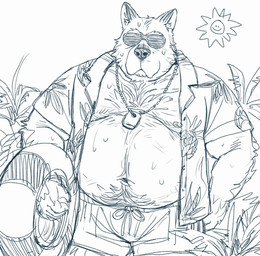 anthro belly big_belly biped bodily_fluids bottomwear clothed clothing eyewear glasses kemono male moobs navel nipples open_clothing open_shirt open_topwear overweight overweight_male shirt shorts solo sun sweat topwear hoggan canid canine canis domestic_dog mammal 2022 hi_res