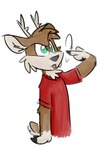 anthro antlers blep brown_body brown_fur circular_motion clothing fur gesture green_eyes hand_gesture horn male pointing pointing_at_head red_clothing red_shirt red_t-shirt red_topwear shirt simple_background solo t-shirt tan_body tan_fur tongue tongue_out tongue_showing topwear white_background tinydeerguy darwin_(tinydeerguy) deer mammal hi_res