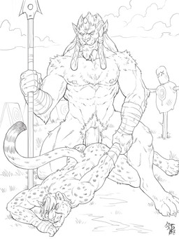 4_toes 5_fingers abs anal anal_penetration anthro anthro_on_anthro arm_grab arm_pull arm_wraps ass_up balls barefoot beard biceps biped bodily_fluids braided_hair butt claws cloud cum cum_in_ass cum_inside cum_on_butt detailed_background dominant dominant_male duo ear_piercing erection facial_hair feet fingers from_behind_position fur genital_fluids genitals goatee grass hair holding_object holding_weapon horn humanoid_pointy_ears kneeling long_hair looking_down lying male male/male male_penetrated male_penetrating male_penetrating_male markings melee_weapon muscular muscular_male nipples nude on_front on_one_knee outside pecs penetration penis piercing pigtails plant pointy_ears polearm prison_guard_position pubes sex snout spear spots spotted_body spotted_fur target toe_claws toes twin_braids weapon wraps badcoyote final_fantasy final_fantasy_x square_enix kimahri kyyanno cheetah felid feline mammal ronso 2016 black_and_white digital_media_(artwork) monochrome signature