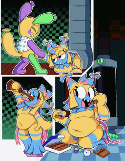 anthro arm_pull balloon belly beverage breasts butt candy chocolate clothed clothing dessert drinking duo eating eyelashes female food hair inflatable male open_mouth overweight overweight_anthro overweight_female pinata smile smug_face stuck stuck_in_vent tail yellow_body speedsmygame1 blushcrunch_studio dandy's_world looey_(dandy's_world) yatta_(dandy's_world) animate_inanimate balloon_humanoid living_inflatable living_pinata toon_(dandy's_world) animated animated_png