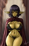 big_breasts big_ears breasts cloak clothing female green_body green_skin not_furry pubes solo underwear wide_hips yellow_eyes allanel goblin humanoid absurd_res hi_res