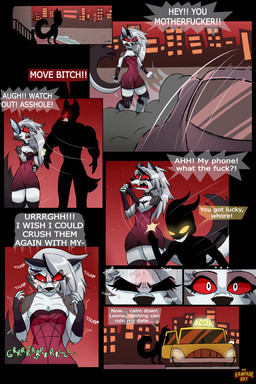 angry anthro breasts car cellphone clothing collar commercial_vehicle dialogue duo_in_panel ear_piercing electronics eyebrows eyelashes female fur glowing glowing_eyes grey_hair hair holding_cellphone holding_object holding_phone holding_smartphone legwear male phone piercing profanity red_eyes red_sclera sharp_teeth smartphone solo_in_panel spiked_collar spikes taxicab teeth text vehicle vein white_body white_fur yellow_eyes rampageguy hellaverse helluva_boss mythology loona_(helluva_boss) canid canid_demon canine demon hellhound imp mammal mythological_canine mythological_creature 2025 2:3 absurd_res comic english_text hi_res