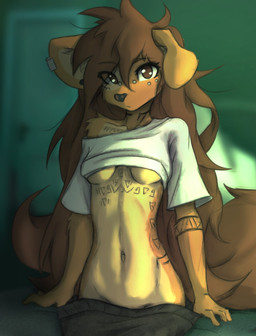 anthro arm_markings arm_tattoo arm_tuft black_nose blurred_background bottomwear breasts brown_body brown_eyes brown_fur brown_hair cheek_tuft chest_markings chest_tattoo clothed clothing cowlick door ear_piercing elbow_tuft eyebrow_through_hair eyebrows eyelashes facial_markings facial_piercing facial_tattoo facial_tuft female female_anthro floppy_ears fur furgonomic_piercing furgonomics gauged_ear hair hair_over_eye head_markings hip_markings hip_tattoo inner_ear_fluff inside leg_markings long_hair looking_at_viewer low-riding markings messy_hair midriff mottled mottled_nose muzzle_piercing navel neck_markings neck_tattoo no_underwear nose_piercing off_shoulder one_eye_obstructed oversized_bottomwear oversized_clothing oversized_pants pants piercing pink_nose pulling_down_pants raised_clothing raised_shirt raised_topwear shadow shirt sitting slim solo sweatpants tattoo topwear translucent translucent_hair tuft under_boob tinygaypirate apogee_(tinygaypirate) canid canine canis domestic_dog mammal spitz 2022 hi_res
