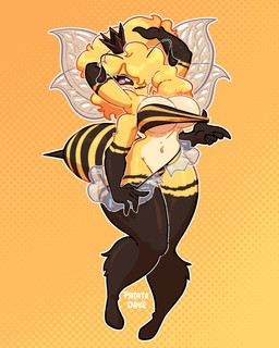 4_arms antennae_(anatomy) anthro arthropod_abdomen biped blonde_hair bottomwear breasts butt cleavage clothed clothing clothing_pull crown female fluffy hair hair_over_eye headgear insect_wings looking_at_viewer miniskirt multi_arm multi_limb multicolored_body non-mammal_breasts one_eye_visible raised_arms raised_leg simple_background skirt solo stinger thong topwear translucent translucent_clothing tube_top two_tone_body underwear underwear_pull wings yellow_body patatadave arthropod bee hymenopteran insect 4:5 absurd_res full-length_portrait hi_res portrait