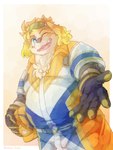 anthro belly big_belly clothed clothing humanoid_hands kemono male one_eye_closed overweight overweight_male simple_background solo wink ottyo_kope lifewonders live_a_hero hisaki_(live_a_hero) canid canine canis domestic_dog mammal 2023 3:4 hi_res