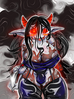 big_ears black_hair blush breasts clothing ear_piercing ear_ring female hair horn intersex knife legwear looking_at_viewer piercing red_eyes ring_piercing smile stockings striped_body stripes inkdoll asian_mythology east_asian_mythology japanese_mythology mythology demon oni yokai