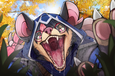 ambiguous_gender anthro black_body black_ears black_fur black_hair blue_clothing bodily_fluids claws clothed clothing dripping drooling excessive_saliva fangs front_view fur glistening glistening_eyes hair mouth_shot multicolored_hair open_mouth outside pawpads pink_eyes pink_hair pink_inner_ear pink_nose pink_pawpads pink_tongue saliva saliva_drip saliva_string solo tan_body tan_fur teeth tongue two_tone_hair unsigned white_claws acidic american_opossum mammal marsupial