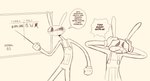 4_fingers anthro biped black_text button_(fastener) chalkboard clothed clothed_anthro clothed_male clothing crossed_out dialogue exclamation_point female fingers fist gloves hand_on_head handwear holding_pointer male male_anthro name_in_dialogue noseless overalls panicking pointer pointy_speech_bubble rabbit_ears slim slim_anthro slim_male solo speech_bubble standing stated_gender teeth text toony gooseworx glitch_productions the_amazing_digital_circus gangle_(tadc) jax_(tadc) kaufmo_(tadc) kinger_(tadc) pomni_(tadc) ragatha_(tadc) zooble_(tadc) lagomorph leporid mammal rabbit black_and_white character_name digital_drawing_(artwork) digital_media_(artwork) english_text hi_res monochrome official_art sequence sketch female_(lore) male_(lore) nonbinary_(lore)