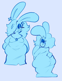 anthro bent_arm big_butt blue_background blue_body blue_clothing blue_dress blue_ear_piercing blue_eyelashes blue_eyelids blue_fur blue_hair blue_line_art blue_tail breasts butt cleavage closed_frown clothed clothed_anthro clothed_female clothing dress duo ear_piercing eyelashes female female_anthro front_view frown frowning_at_viewer fur hair half-closed_eyes light long_ears long_hair looking_at_viewer medium_breasts mouth_closed narrowed_eyes no_eyebrows noseless open_frown open_mouth overweight overweight_anthro overweight_female piercing scut_tail short_tail simple_background sleeves_past_fingers standing star_ear_piercing tail wide_hipped_anthro wide_hipped_female fizzooka mario_bros mario_plus_rabbids_sparks_of_hope nintendo raving_rabbids rayman_(series) ubisoft rabbid_rosalina lagomorph mammal rabbid 2023 blue_and_white blue_theme colored_line_art crossover digital_drawing_(artwork) digital_media_(artwork) hi_res lighting monochrome multiple_scenes