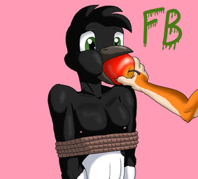 4_fingers anthro apple bdsm beak black_beak black_body character_prepared_as_food claws fingers food food_gag fruit gag green_eyes imminent_death male multicolored_body nervous nipples non-mammal_nipples offscreen_character pink_background pink_nipples plant rope simple_background solo white_claws cookingart avian bird corvid corvus_(genus) crow oscine passerine hi_res shaded
