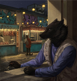 anthro biped black_body black_fur blue_clothing cigarette claws clothing detailed_background finger_claws food_stand fur group holding_cigarette holding_object male solo_focus standing topwear trio vest white_eyes nikkimory canid canine canis mammal wolf 2025 digital_media_(artwork)