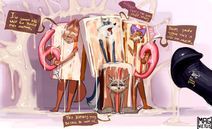 anthro cake cake_costume clothing costume dessert female food food_costume group magnetus disney dreamworks illumination_entertainment kung_fu_panda robin_hood_(disney) sing_(movie) the_bad_guys diane_foxington maid_marian porsha_crystal zhen_(kung_fu_panda) canid canine canis fox mammal wolf absurd_res hi_res