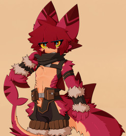 4_fingers anthro arm_markings arm_tuft armband belt blue_pupils bottomwear chest_tuft clenched_teeth clothing crotch_tuft elbow_tuft eye_through_hair eyebrow_through_hair eyebrows facial_markings facial_tuft fin fingers fluffy fluffy_tail fur fur_markings gills glistening glistening_body hair head_fin head_markings kerchief leg_markings looking_at_viewer male markings multicolored_eyes navel neckerchief neckwear orange_body orange_eyes orange_fur pointy_ears pupils red_body red_eyes red_fin red_fur red_hair shark_tail shirtless shorts shoulder_tuft solo standing striped_ears tail tail_markings tail_tuft teeth translucent translucent_hair tuft wristband yellow_sclera gaogomon gaogomon_(oc) aquatic fish furred_kobold furred_scalie furred_shark hybrid kobold scalie shark 2025 absurd_res hi_res