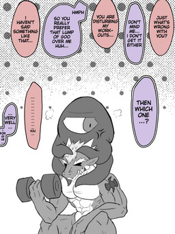 abs anthro dialogue dumbbell duo exercise humor jealous male muscular muscular_male pecs speech_bubble text weightlifting weights workout akabaneryuta lifewonders mugen mythology tokyo_afterschool_summoners delga kuromaru dragon mythological_creature mythological_scalie scalie 2021 3:4 english_text