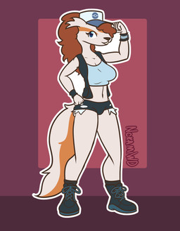 anthro bottomwear breasts clothing denim denim_bottomwear denim_clothing denim_shorts female hat headgear headwear hotpants jacket pokeball pokeball_clothing shirt shorts tank_top topwear nokamiwd nintendo pokemon hilda_(pokemon) kaya_(khainethewolf) generation_3_pokemon linoone pokemon_(species) shiny_pokemon absurd_res hi_res