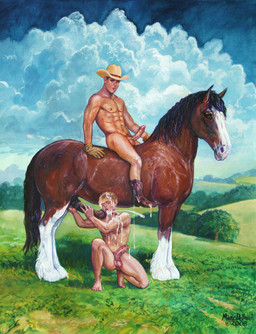 animal_genitalia animal_penis balls bestiality big_penis bodily_fluids boots clothing cloud cowboy cum cum_in_hair cumshot detailed_background ejaculation equine_genitalia equine_penis erection eyes_closed fellatio feral feral_penetrating footwear genital_fluids genitals grass group hair human_on_feral interspecies male male/male male_on_feral male_penetrated male_penetrating male_penetrating_male nude oral orgasm pecs penetration penile penis plant quadruped realistic riding servicing_from_below sex shoes side_view straddling tree marc_debauch draft_horse equid equine horse human mammal 2008 absurd_res detailed hi_res painting_(artwork) traditional_media_(artwork)