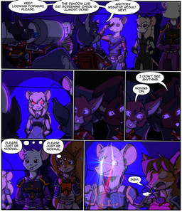 anthro armor blacklight clothing dialogue facepalm female glowing glowing_eyes group male red_eyes text kitfox-crimson in_our_shadow amber_(nyxcha) arthur_(mordak) maple_(mordak) mammal murid murine rat rodent sciurid tree_squirrel comic english_text hi_res