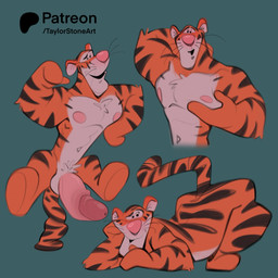 anthro areola arm_support arms_bent big_chin big_nose big_penis black_eyes black_stripes black_tail_tip blue_background dipstick_tail dot_eyes erection featureless_feet feet fur genitals hand_behind_head hand_on_own_pec humanoid_genitalia humanoid_penis leaning_on_elbow light long_tail lying male markings mitten_hands multicolored_body multicolored_fur muscular muscular_anthro muscular_male navel nude_anthro nude_male on_front on_tail open_mouth open_smile orange_body orange_fur patreon_logo pecs penis pink_areola pink_nose pink_penis pubes simple_background simple_eyes smile smiling_at_viewer solo striped_body striped_fur striped_markings striped_tail stripes tail tail_markings text thin_eyebrows whiskers white_body white_fur taylorstoneart disney patreon winnie_the_pooh_(franchise) tigger felid mammal pantherine tiger 1:1 2024 absurd_res artist_name colored digital_drawing_(artwork) digital_media_(artwork) hi_res lighting multiple_images