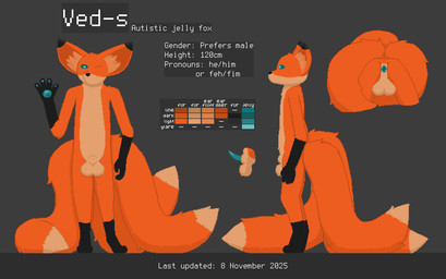 4_fingers 4_toes animal_genitalia anthro anus balls big_balls black_nose blue_pawpads color_swatch countershading feet fingers fur genitals gloves_(marking) grey_background leg_markings looking_at_viewer male male_anthro markings mouthless multi_tail nude_anthro nude_male one_eye_closed orange_body orange_fur pawpads pixelated_text pronouns sheath simple_background smooth_balls snout socks_(marking) solo spherical_balls standing stated_height tail tan_body tan_countershading text toes white_text wink ved_s ved_s_(fox) canid canine fox mammal 2025 character_name dated digital_media_(artwork) english_text shaded