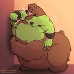 1:1 aroused bear belly belly_smother bite black_nipples bodily_fluids body_hair brown_body brown_fur chest_hair drooling drunk duo durg_(crazy-go-lucky) durg_(themongrel) ear_piercing facial_piercing frown frown_eyebrows fur goblin green_body green_skin half-closed_eyes hi_res humanoid hybrid lustful_gaze male male/male mammal musclegut muscular narrowed_eyes nipple_piercing nipples nose_piercing obese orc orctaurbear overweight paws_against_wall piercing pinned pinned_by_body pinned_to_wall saliva size_difference substance_intoxication taur themongrel tongue tongue_bite tongue_out tusks wall_pinned