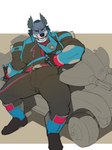 absurd_res anthro anubis_cruger armor barazoku big_bulge bike_helmet blue_body blue_fur bulge canid canine canis clothed clothing detailed_bulge digital_media_(artwork) domestic_dog erection erection_under_clothing fully_clothed fur genital_outline headgear helmet hi_res looking_at_viewer male mammal motorcycle muscular muscular_anthro muscular_male oldshep penis_outline power_rangers power_rangers_spd simple_background solo tight_clothing vehicle white_body white_fur