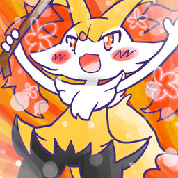 ambiguous_anthro ambiguous_gender anthro biped blush blush_stickers dipstick_tail dutch_angle front_view holding_object holding_stick low-angle_view markings open_:3 open_mouth open_smile simple_background smile snout solo standing stick tail tail_markings annyui0611 nintendo pokemon braixen canid generation_6_pokemon mammal pokemon_(species) 1:1 2024 digital_drawing_(artwork) digital_media_(artwork) hi_res portrait three-quarter_portrait