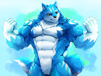 abs anthro biceps big_muscles clothing countershading fur gloves_(marking) male markings multicolored_body multicolored_fur muscular muscular_anthro muscular_male pecs simple_background two_tone_body two_tone_fur white_body white_countershading waddledox canid canine canis mammal wolf 2019 4:3 alternate_version_at_source digital_media_(artwork)
