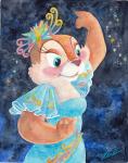 anthro blue_clothing blue_dress blue_eyes blush cheek_tuft clothed clothing dress eyelashes facial_tuft female fur headgear looking_aside red_nose simple_background tan_body tan_fur tuft terraaai chip_'n_dale disney clarice_(disney) chipmunk ground_squirrel mammal rodent sciurid 2018