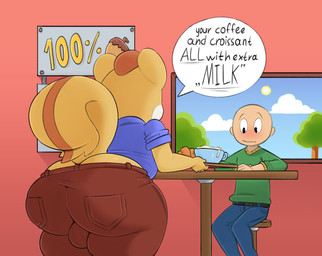 anthro big_butt bottomwear bread bulge butt chair clothing container croissant cup denim denim_bottomwear denim_clothing duo food fur furniture jeans male pants pastry shirt sweater table text topwear yellow_body yellow_fur trashdrawy mustard_(character) human mammal rodent sciurid tree_squirrel english_text hi_res