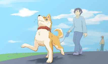 ambiguous_gender blush bodily_fluids brown_body brown_fur chasing clothed clothing cloud collar collar_only dog_walking duo feral fur group hat headgear headwear implied_transformation leash male nude playing sky sweat tan_body tan_fur walking kareha_21909 canid canine canis domestic_dog human mammal 5:3 hi_res signature