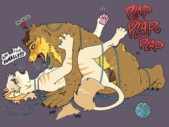 anthro ball_of_yarn big_butt breath butt duo genitals grabbing_shoulders male male/male moan muscular panting panting_in_face penis sex thick_thighs vein veiny_penis yarn bigzbl00dgear bigz_(bigzbl00dgear) finn_(itsjay) bear felid lion mammal pantherine 4:3 hi_res