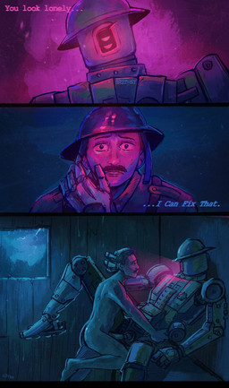 armor army army_uniform brown_hair dialogue duo facial_hair genitals hair hand_on_face headgear helmet inside interspecies intimate larger_sub light looking_at_another looking_pleasured machine male male/male military mustache night nude penetration penis raised_leg romantic seductive size_difference submissive text world_war_1 oxtraart human mammal robot comic english_text hi_res lighting