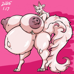 anthro belly big_belly big_breasts big_butt breasts butt crouching female fetal_movement green_eyes huge_belly huge_breasts huge_butt hyper hyper_belly hyper_breasts hyper_pregnancy nipples pink_body pregnant pregnant_anthro pregnant_female solo tail mrblack_eye2 asian_mythology east_asian_mythology mythology jiu canid canine fox fox_spirit mammal 1:1 hi_res