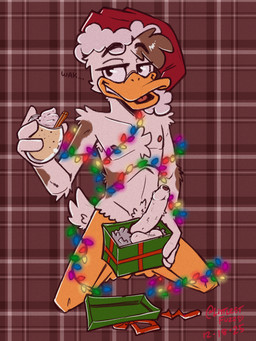 4_fingers anthro balls beak biped box brown_body brown_feathers brown_markings christmas_clothing christmas_decorations christmas_headwear christmas_lights cinnamon_(spice) clothing container dairy_products dick_in_a_box eggnog erection feather_hands feathers feet fingers food foreskin furry_foreskin genitals gift_box glans hat headgear headwear holding_box holding_container holding_glass holding_object holidays inviting kneeling lidded_eyes long_foreskin looking_at_viewer male markings membrane_(anatomy) nipples non-mammal_foreskin non-mammal_nipples open_beak open_mouth orange_body orange_skin pattern_background penis plaid plaid_background plantigrade presenting presenting_penis santa_hat scut_tail short_tail simple_background slim_male smile smiling_at_viewer smirk smirking_at_viewer solo tail toes tongue webbed_feet whipped_cream white_body white_feathers littlestfuzz christmas modjo anatid anseriform avian bird duck 2025 absurd_res hi_res