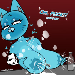 animal_noises anthro areola big_breasts blue_areola blue_body blue_nipples bodily_fluids bottle breasts breath container cow_print_elbow_gloves dialogue eyebrows eyelashes female heart_symbol holding_breast huge_breasts lactating looking_pleasured markings milk milking_self moan mooing narrowed_eyes nipple_fetish nipple_pinch nipple_play nipples open_mouth pinch pink_nose profanity solo sound_effects sweat text twitter_handle whisker_markings tdtbaa cartoon_network the_amazing_world_of_gumball nicole_watterson domestic_cat felid feline felis mammal 2026 absurd_res artist_name english_text hi_res