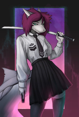 anthro blue_eyes bottomwear clothing ears_up female fin hair katana legwear melee_weapon necktie red_hair shirt simple_background skirt solo stockings sword tail tail_fin topwear weapon white_body o_squeaks_o squeaks_(o_squeaks_o) aquatic fish shark hi_res