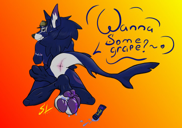 ambiguous_gender anthro anus feet foot_fetish foot_focus foot_play gradient_background hair liquid_candy lying_on_chest male mane mane_hair multicolored_body pawpads paws presenting presenting_anus shark_tail simple_background solo tattoo squeak_tailors natanre_nathaniel hybrid absurd_res hi_res