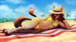 anthro beach beverage bikini bulge clothed clothing crossdressing femboy looking_at_viewer lying male on_side on_towel outside seaside solo swimwear tail towel two-piece_swimsuit wide_hips nawka tikki_(zonkey) asinus donkey equid equine hybrid mammal zebra zebroid zonkey 16:9 2019 hi_res widescreen