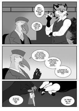abstract_background anthro clothing dialogue duo hat headgear headwear hotel hotel_staff inside key male plant solo suit suit_and_tie text topwear vest viola_bat victor_johansen avian canid canine fox mammal absurd_res comic english_text hi_res monochrome multiple_scenes