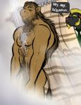 anthro body_hair chest_hair duo empty_eyes facial_hair fatty_humps male muscular nipples nude shower bgn onyxtanuki aquarius_(bgn) onyx_wasson camel camelid dromedary mammal 2015 digital_media_(artwork)