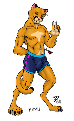 anthro bottomwear bulge clothing digitigrade flower gesture looking_at_viewer male plant rose_(flower) shorts solo text waving hiker_(artist) kovu_cougar cougar felid feline mammal 2001 colored dated portrait signature traditional_media_(artwork)