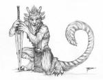 anthro biped bottomwear claws clothing fangs fantasy_weapon female flat_chested fur horn kneeling loincloth markings melee_weapon multi_ear sabertooth_(anatomy) simple_background smile smirk solo striped_body striped_fur stripes sword teeth weapon simul guild_wars charr felid hybrid mammal 2014 artist_collaboration monochrome signature traditional_media_(artwork)