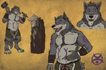 anthro armor beard beer_belly belly bracers chisel digitigrade facial_hair fur fur_markings grey_body grey_eyes grey_fur hammer heterochromia kilt male markings musclegut muscular overweight overweight_male smile solo tongue tongue_out tools woodcarving yellow_eyes yenocwolf secrets_of_uncrom uncrom valtalska aryn_rundstrom canid canine dire_wolf mammal prehistoric_species valtalska_dercas absurd_res concept_art hi_res model_sheet